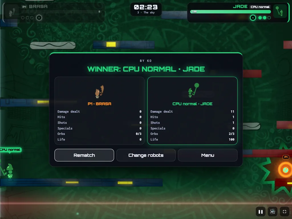 The results of a remake match: Jade, the CPU, beats Brasa by KO, with each robot's damage, hits and specials