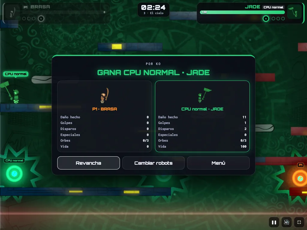 Los resultados de una partida del remake: gana Brasa por KO contra Jade, la CPU, con el daño, los golpes y los especiales de cada robot