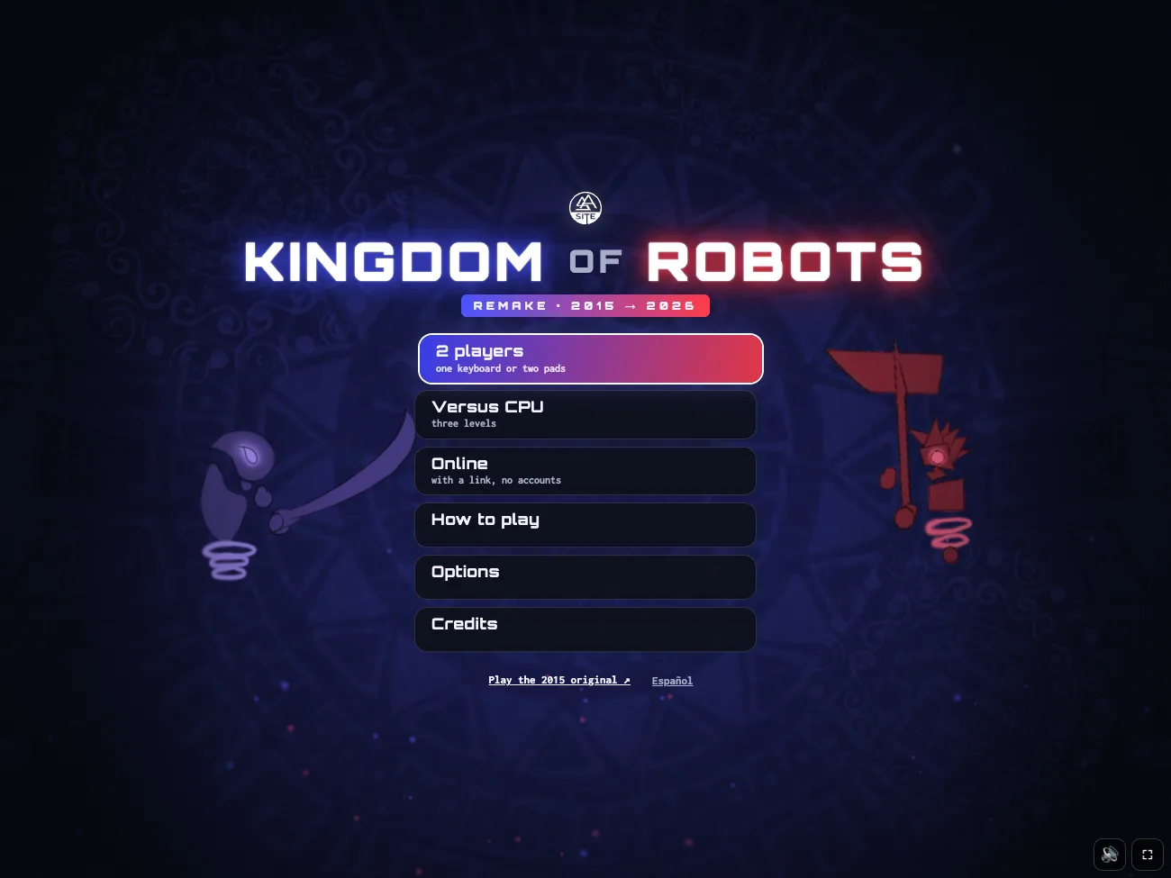 The remake's title screen: the glowing title, Steve Aragon's SA logo, the menu and two of the six robots on its sides