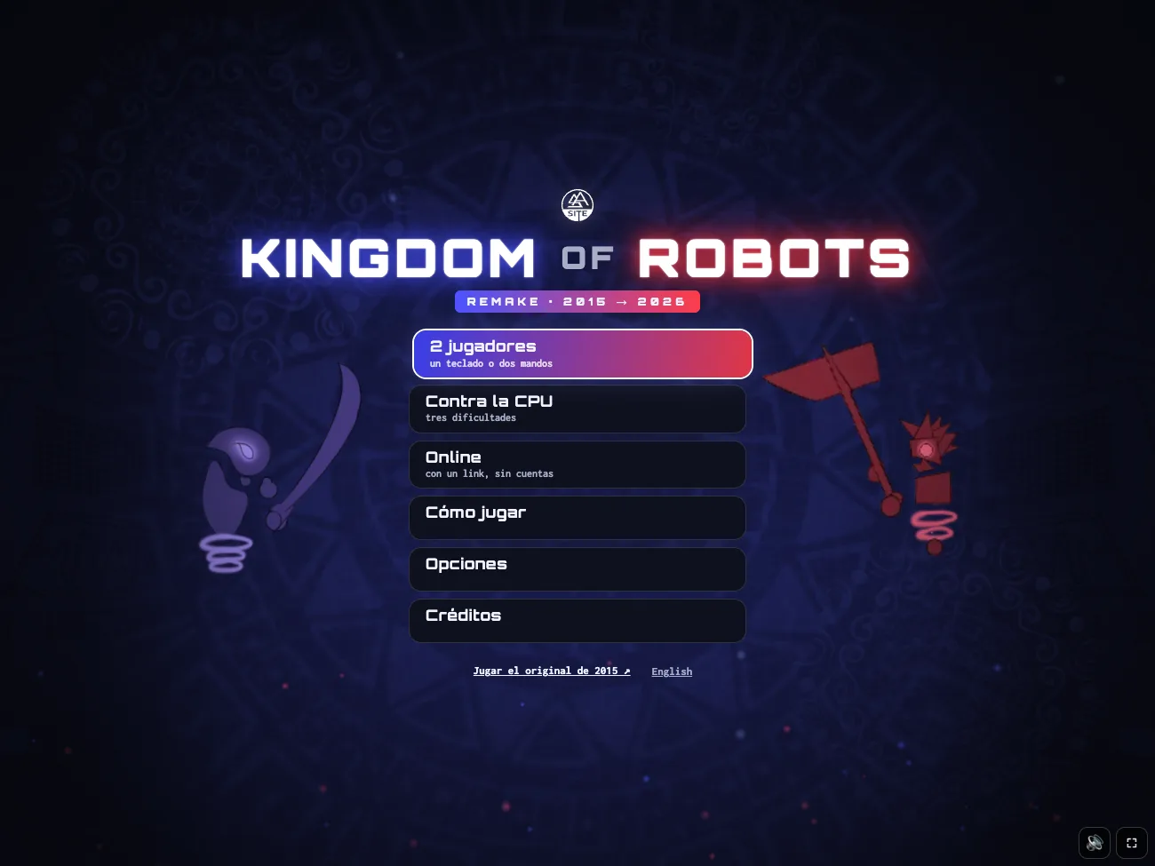 La pantalla de inicio del remake: el título encendido, el logo SA de Steve Aragon, el menú y dos de los seis robots a los lados